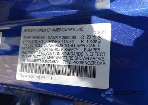 2021 Acura Tlx A-Spec Package из США, поврежденный, VIN 19UUB5F56MA012974